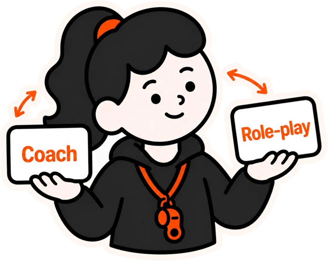TherapyCoach mascot — a counsellor character holding Coach and Role-play cards