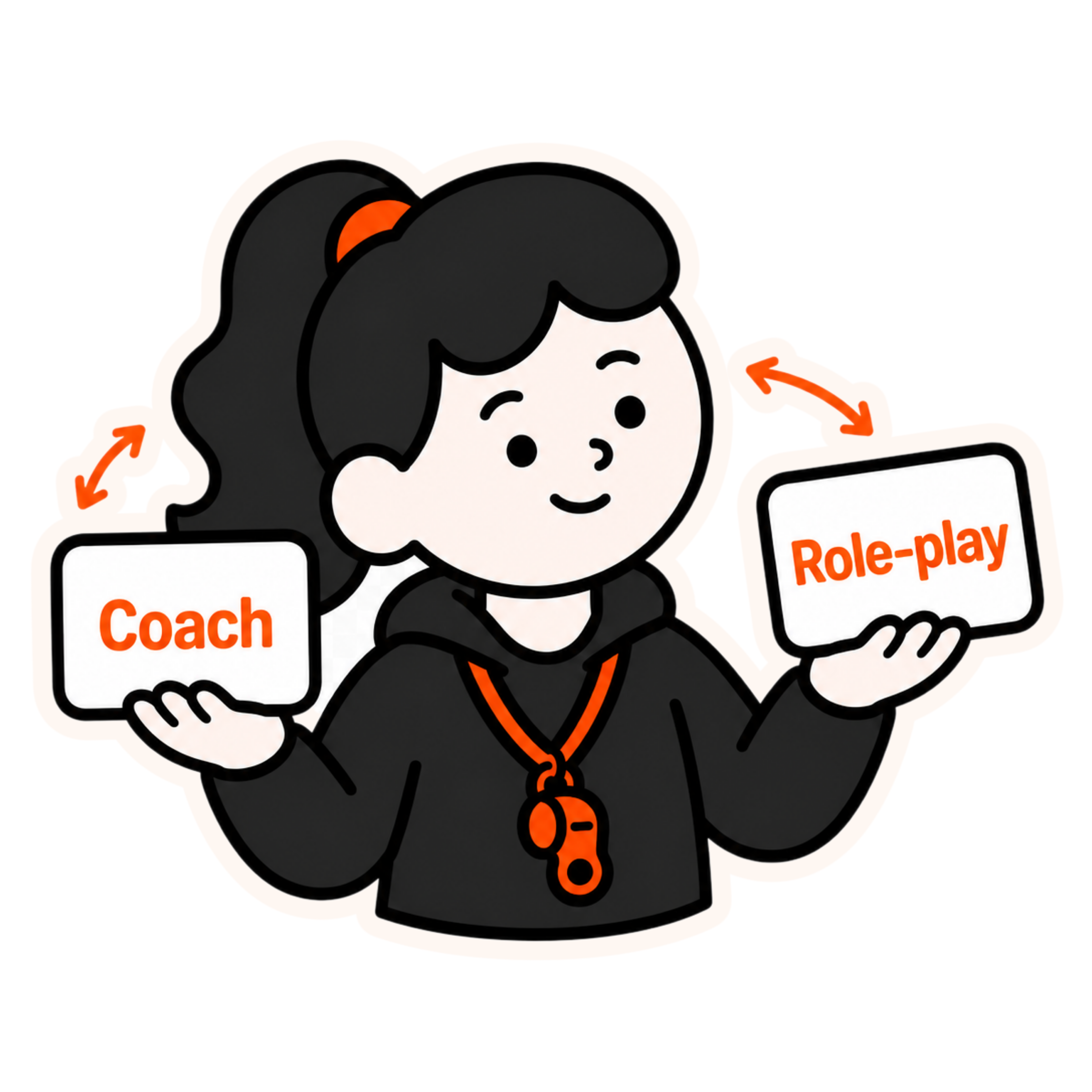 TherapyCoach mascot — a counsellor character holding Coach and Role-play cards